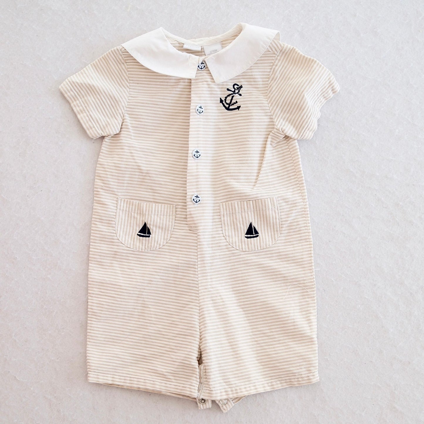 Y2K Nautical Tan Stripe Baby Romper, 24M