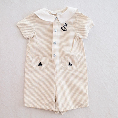 Y2K Nautical Tan Stripe Baby Romper, 24M