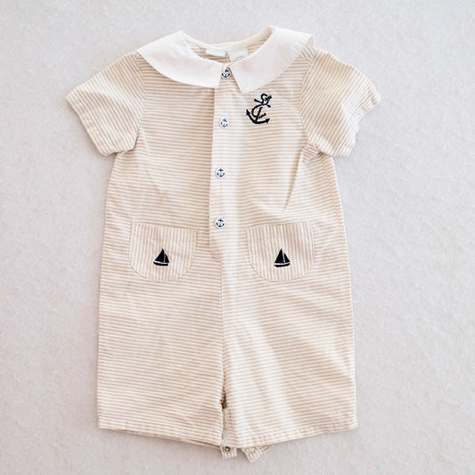 Y2K Nautical Tan Stripe Baby Romper, 24M