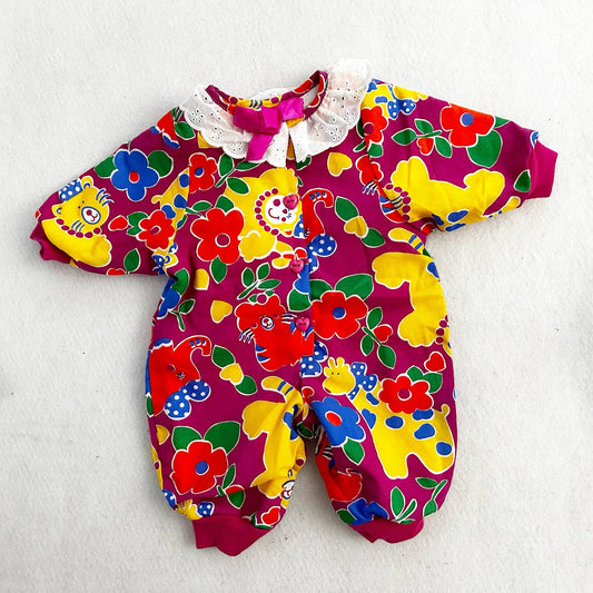 Vintage Lightning Bug Floral Animal Cozy Jumpsuit Romper: 9m - Yellow Clover Vintage Kids Clothes