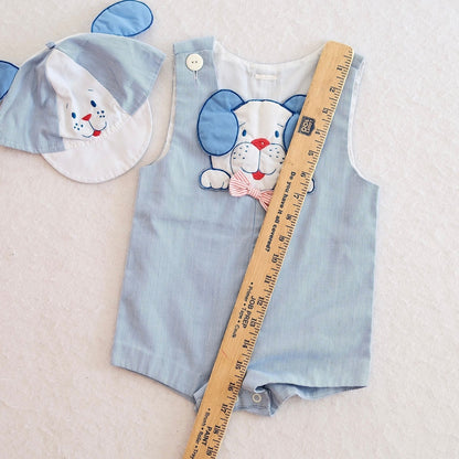 Vintage Puppy Appliqué Seersucker Baby Romper + Hat, 18m
