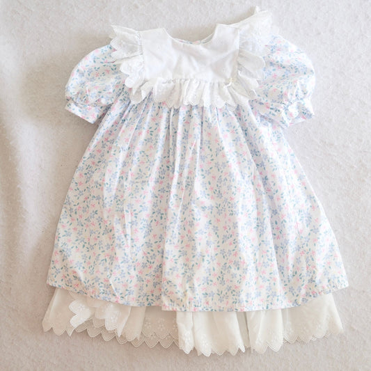 Vintage Children's Hour Blue & White Toddler Floral Dress with Eyelet Layers, 4T