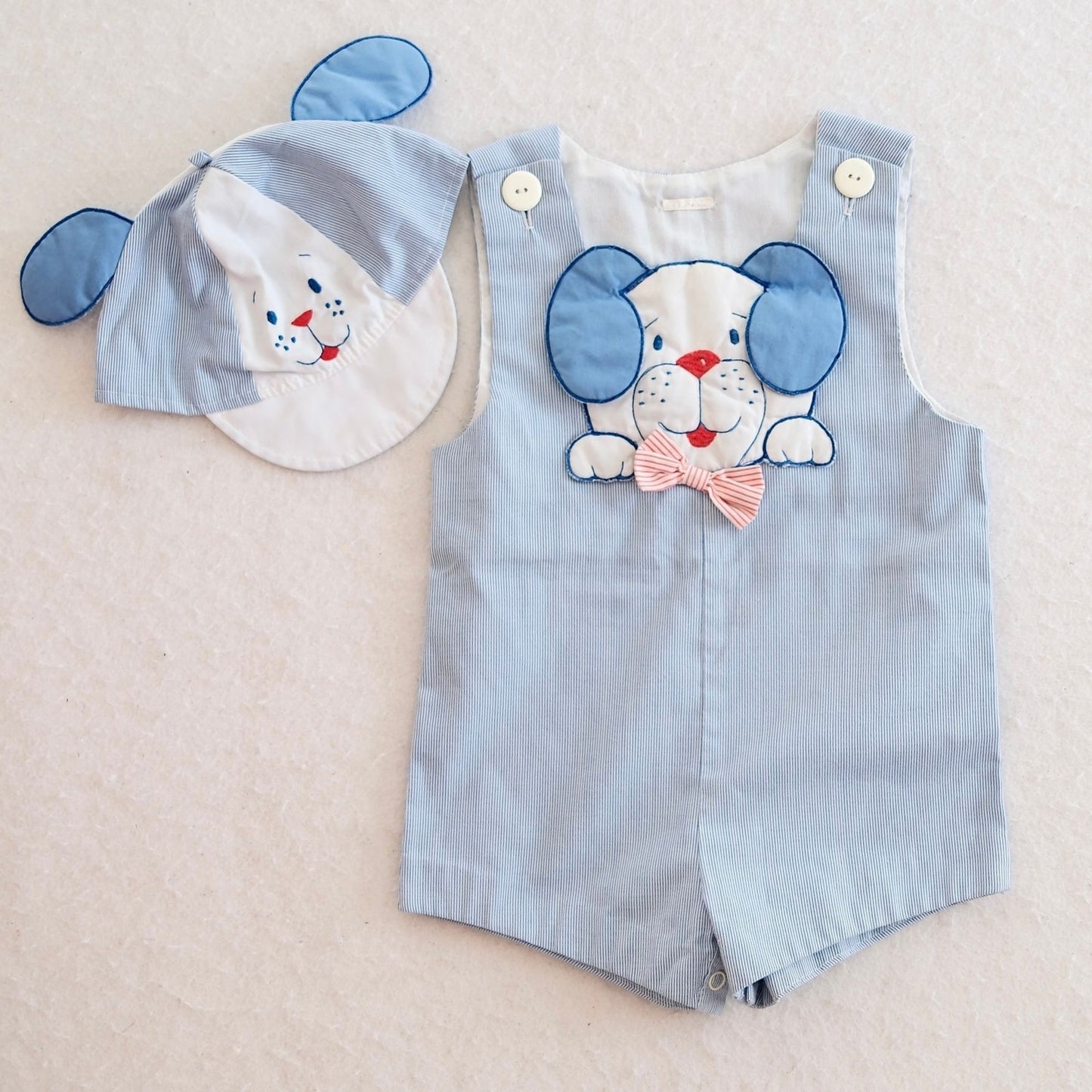 Vintage Puppy Appliqué Seersucker Baby Romper + Hat, 18m