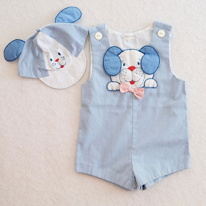 Vintage Puppy Appliqué Seersucker Baby Romper + Hat, 18m