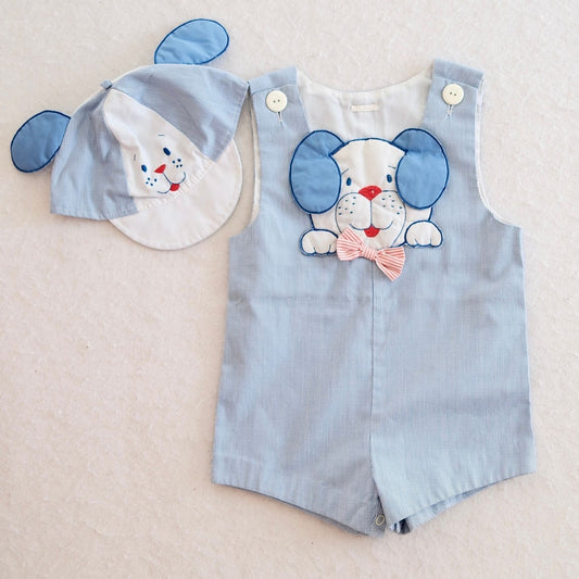 Vintage Puppy Appliqué Seersucker Baby Romper + Hat, 18m