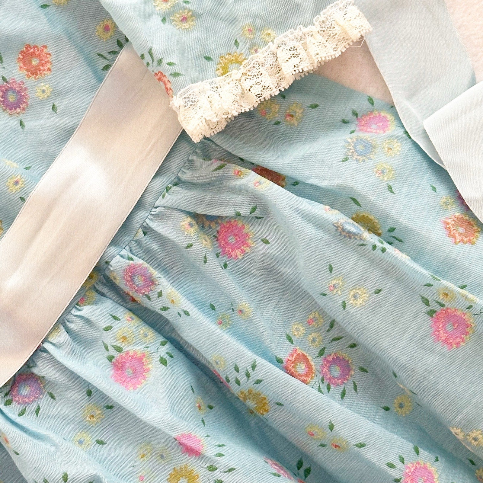 Vintage Blue Floral Flocked Maxi Dress: 6y? - Yellow Clover Vintage Kids Clothes