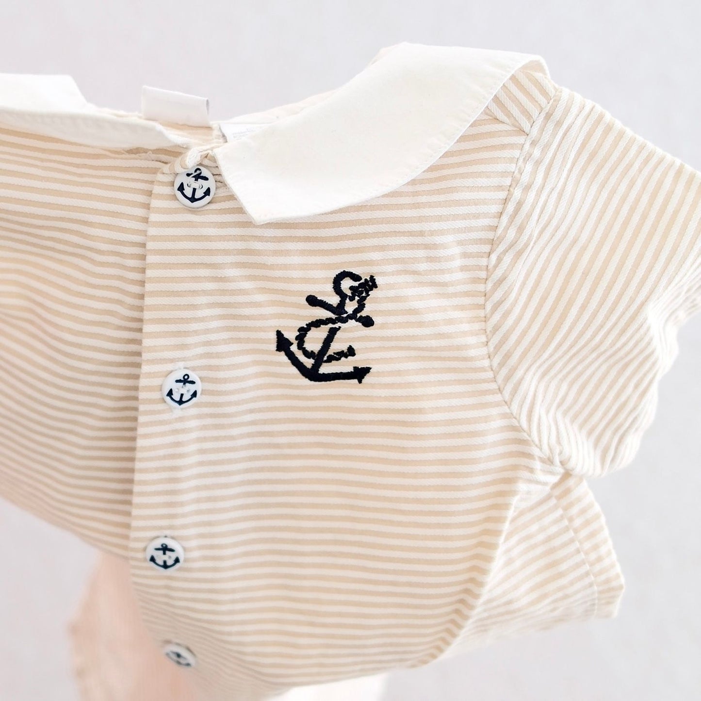 Y2K Nautical Tan Stripe Baby Romper, 24M