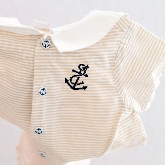 Y2K Nautical Tan Stripe Baby Romper, 24M