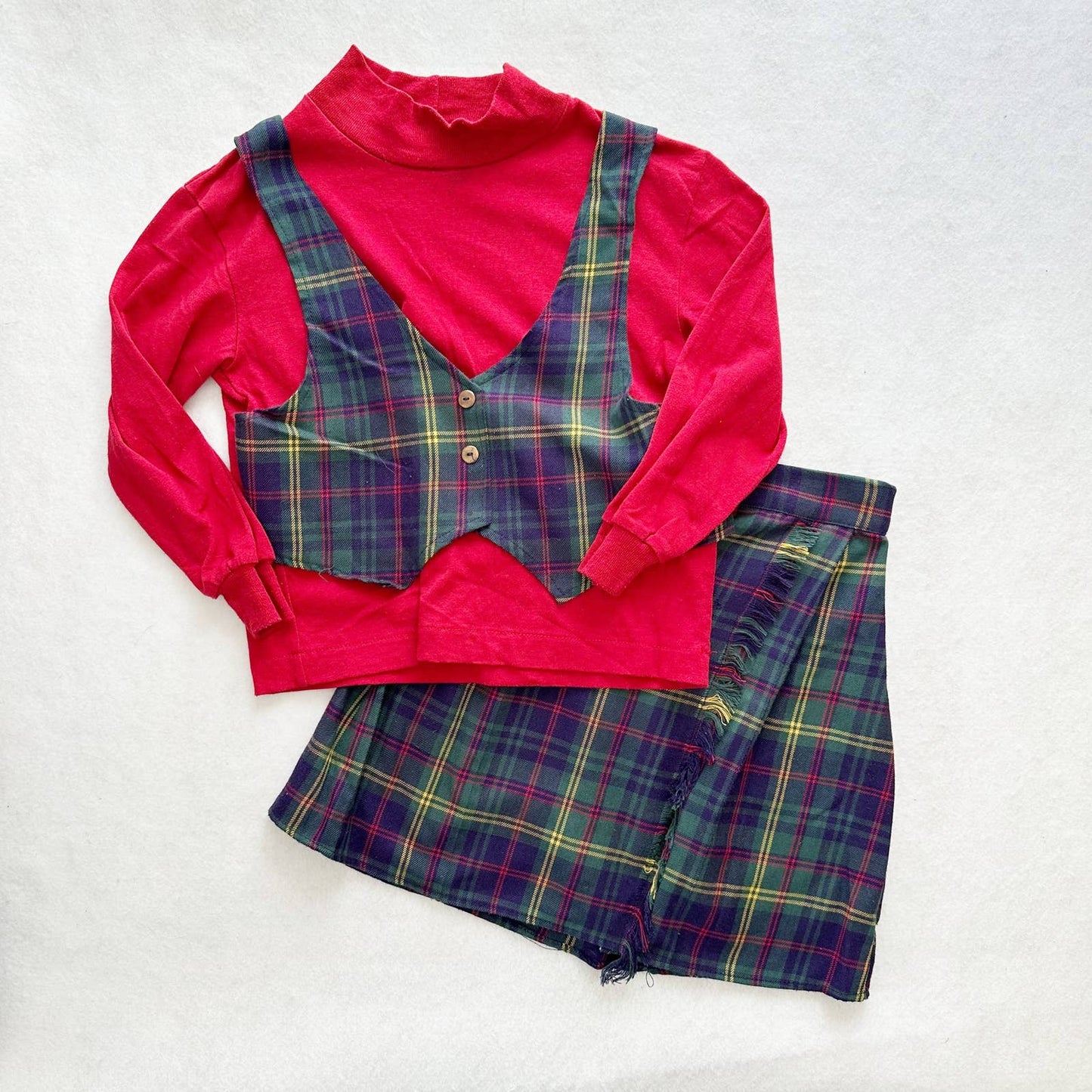 Vintage Young Vibes Tartan Vest and Skirt Set: 6/7y? - Yellow Clover Vintage Kids Clothes