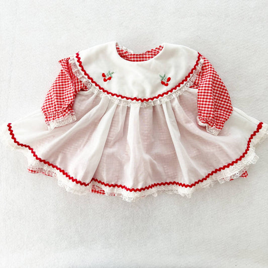 Vintage Cherry Gingham Pinafore Dress: 12m - Yellow Clover Vintage Kids Clothes