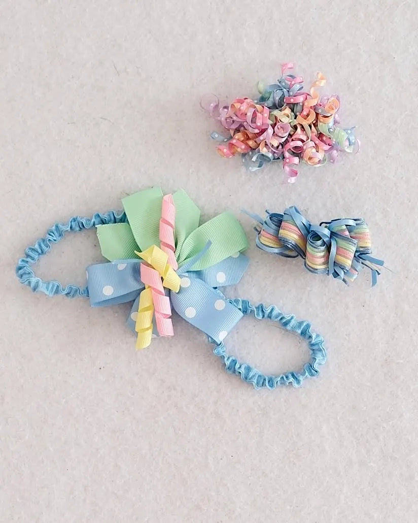 Vintage pastel blue + mint ribbon bow headband + 2 ribbon hair clips