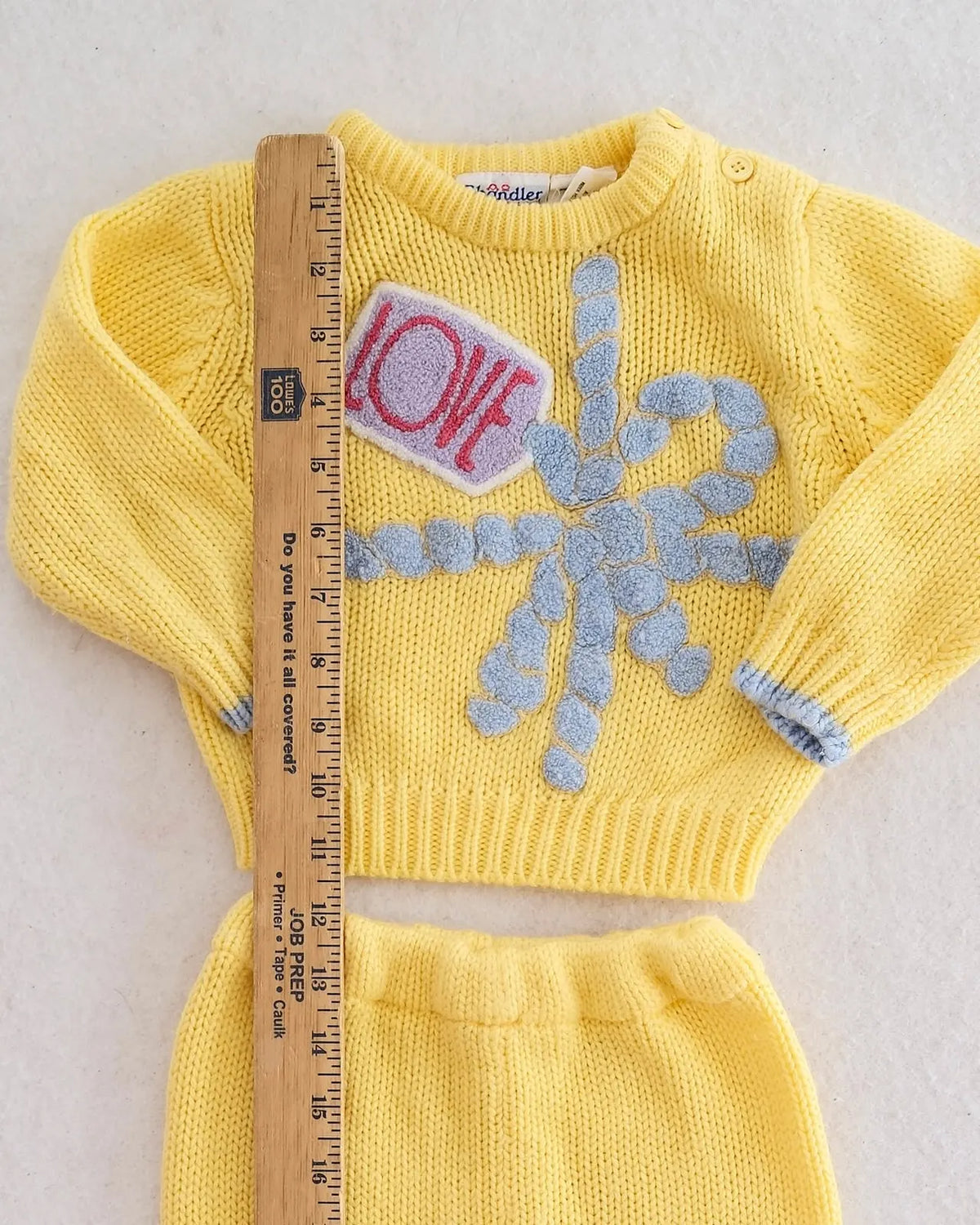 Vintage Chandler Original butter yellow LOVE gift bow knit sweater + pants set