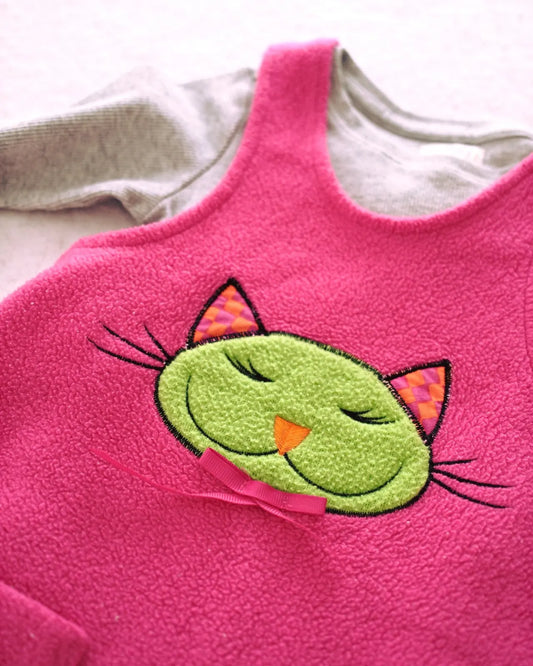 Vintage Chicken Noodle hot pink fleece cat jumper dress + modern Gymboree gray ribbed tee