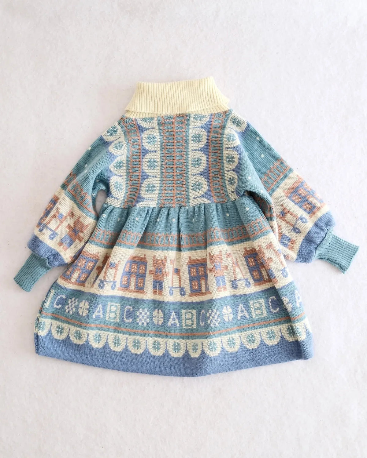 Vintage Clothkits Designs blue + cream ABC teddy bear knit sweater dress
