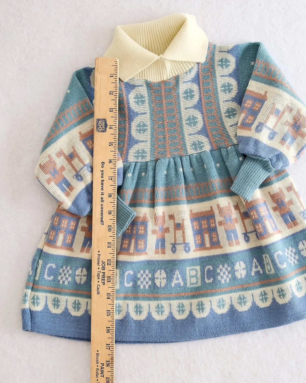 Vintage Clothkits Designs blue + cream ABC teddy bear knit sweater dress