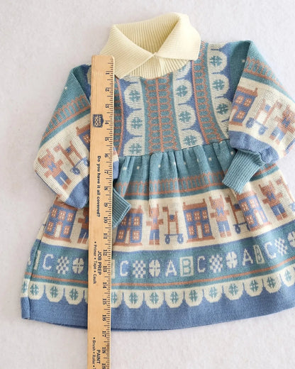 Vintage Clothkits Designs blue + cream ABC teddy bear knit sweater dress