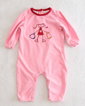 Vintage Small Steps light pink shopping girl embroidered romper: 12m