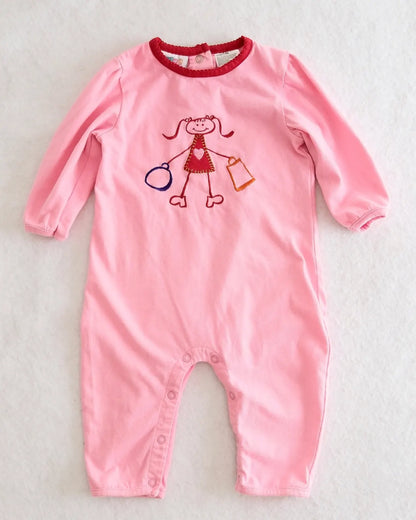 Vintage Small Steps light pink shopping girl embroidered romper
