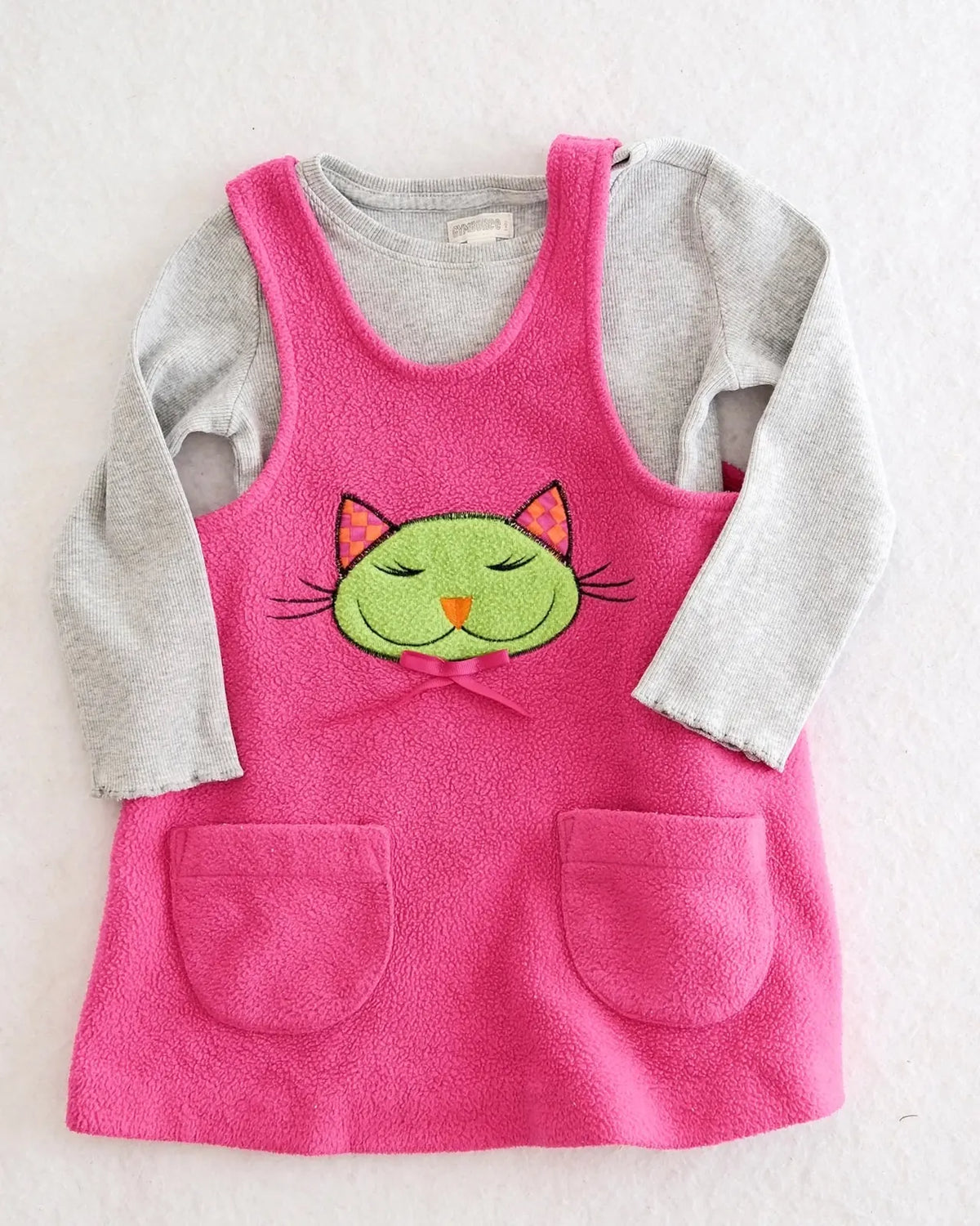 Vintage Chicken Noodle hot pink fleece cat jumper dress + modern Gymboree gray ribbed tee