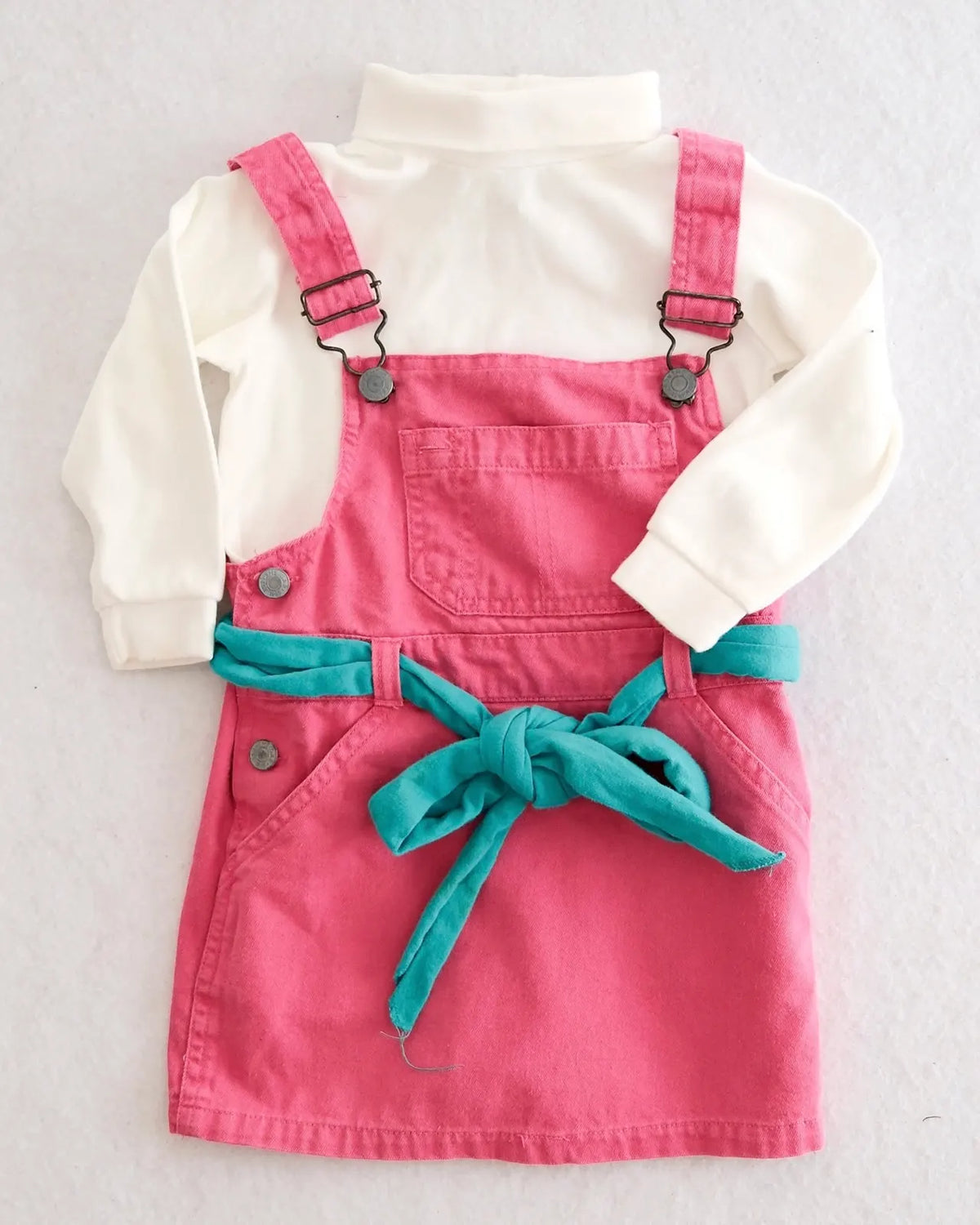 Vintage Gap pink denim jumper dress with United Colors of Benneton teal tie belt + vintage Class Club white turtleneck