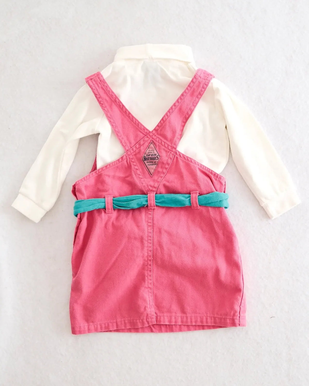 Vintage Gap pink denim jumper dress with United Colors of Benneton teal tie belt + vintage Class Club white turtleneck