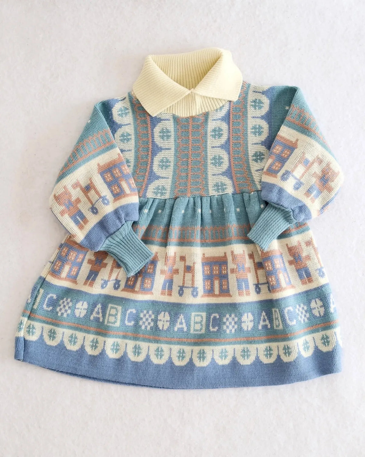 Vintage Clothkits Designs blue + cream ABC teddy bear knit sweater dress