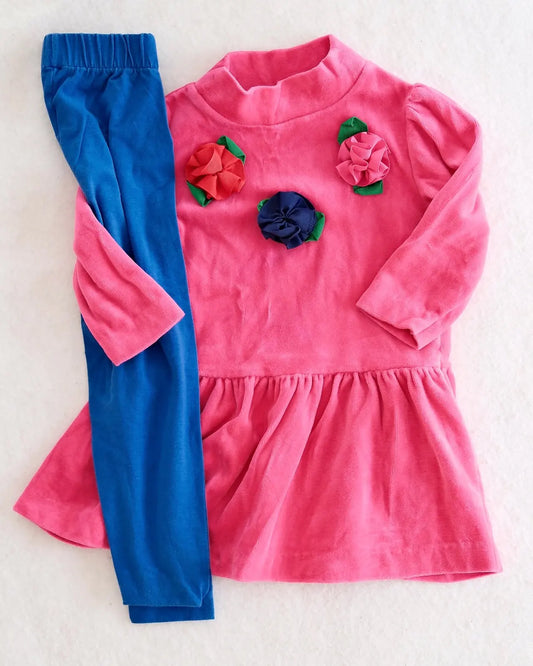 Vintage Hartstrings pink velour ribbon rosette tunic top + Chocolate Soup royal blue leggings bundle
