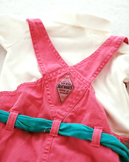 Vintage Gap pink denim jumper dress with United Colors of Benneton teal tie belt + vintage Class Club white turtleneck