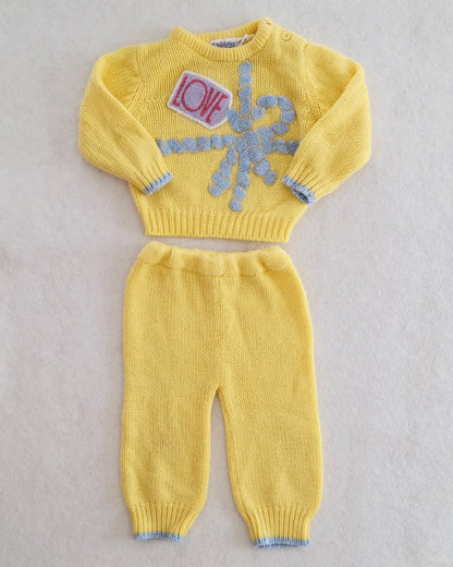 Vintage Chandler Original butter yellow LOVE gift bow knit sweater + pants set