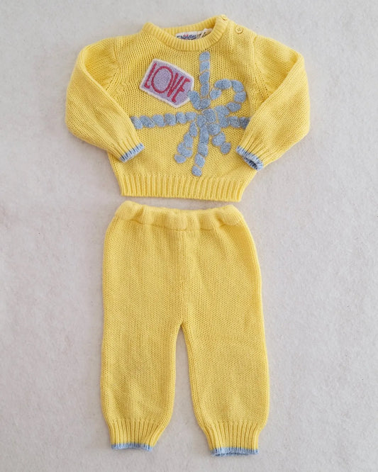 Vintage Chandler Original butter yellow LOVE gift bow knit sweater + pants set
