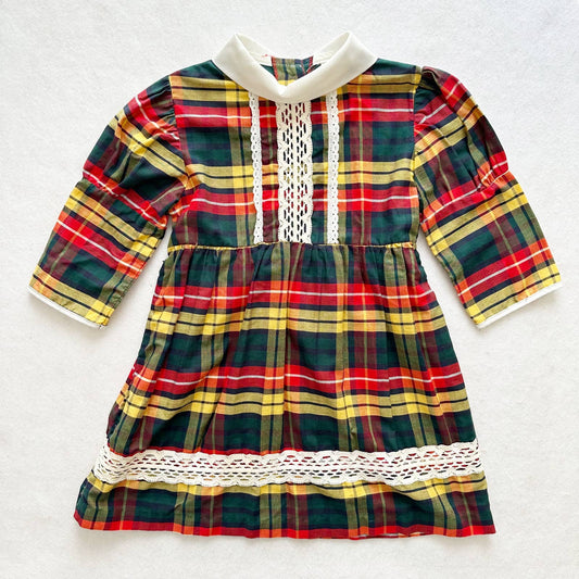 Vintage Plaid High Neck Crochet Lace Detail Dress: 4T - Yellow Clover Vintage Kids Clothes