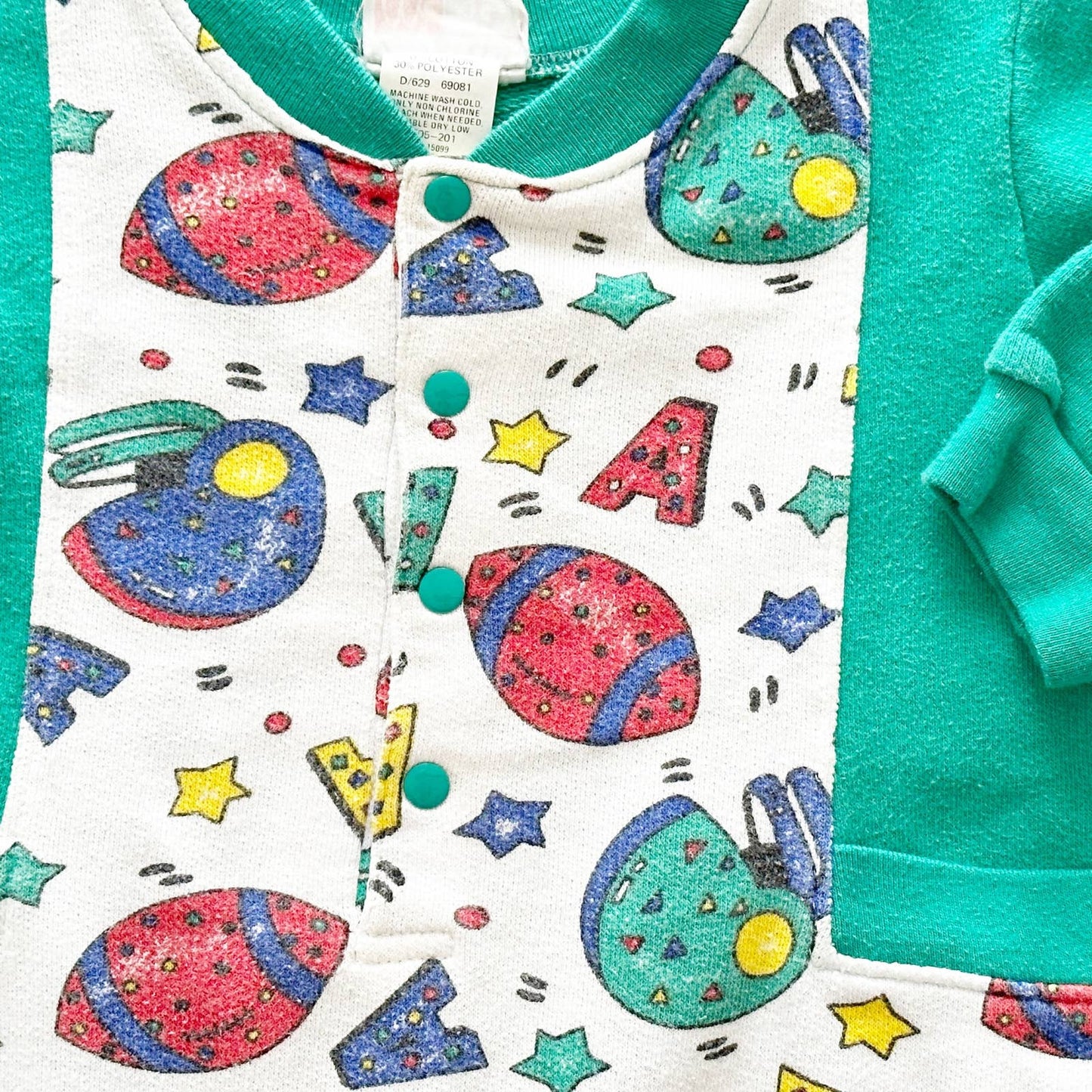 Vintage McKids Football Print Green Sweatshirt Romper: 18m? - Yellow Clover Vintage Kids Clothes