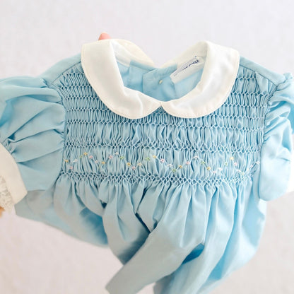 Vintage Polly Flinders Blue Hand Smocked Baby Dress, 12M