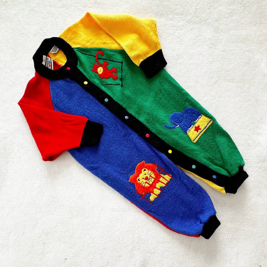 Vintage Crayola Baby Animal Colorblock Sweater Knit Romper: 18m - Yellow Clover Vintage Kids Clothes