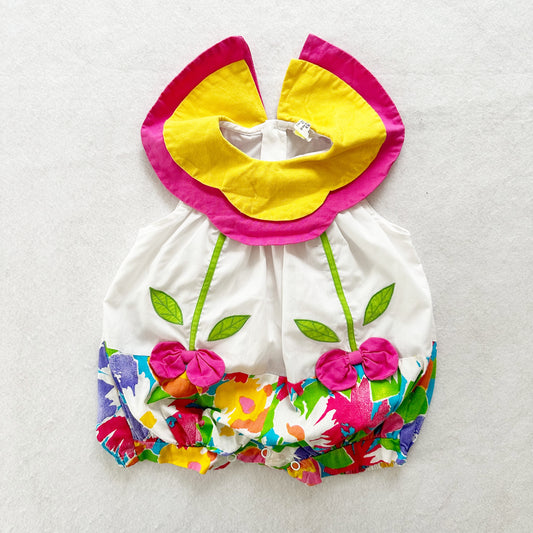 Vintage Bright Flower Collar Romper: 6m