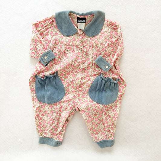Vintage Honors Floral Chambray Romper: 12m - Yellow Clover Vintage Kids Clothes
