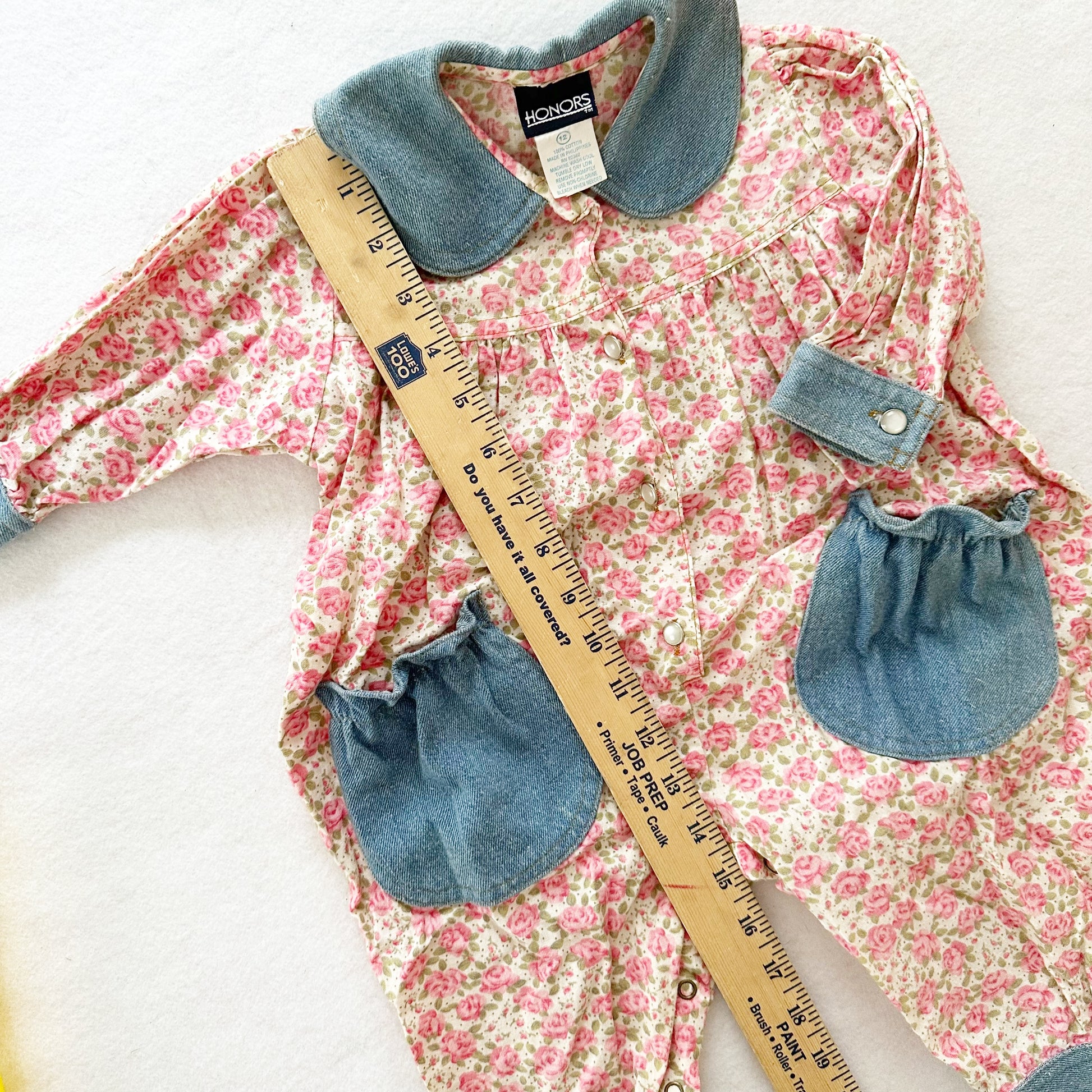 Vintage Honors Floral Chambray Romper: 12m - Yellow Clover Vintage Kids Clothes