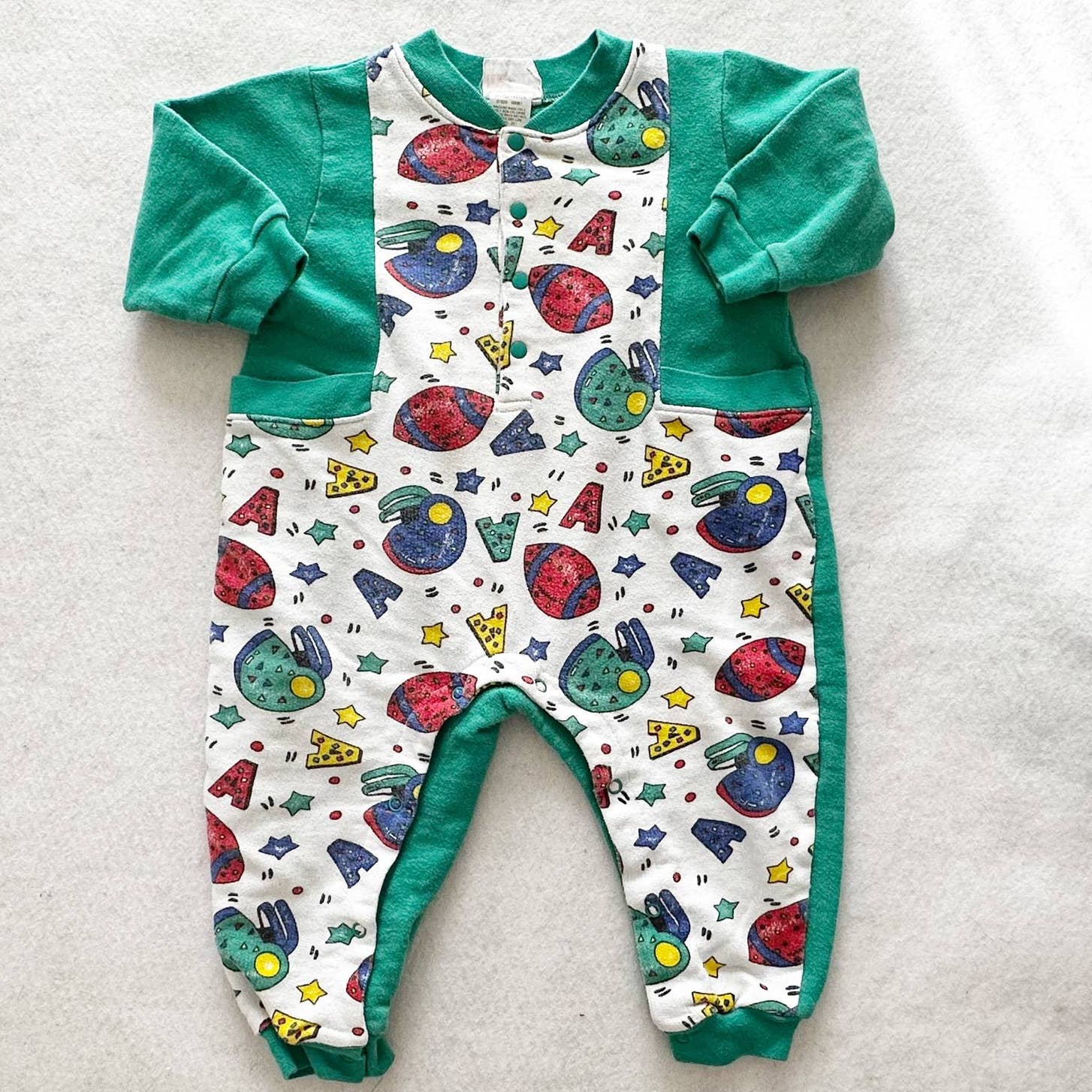 Vintage McKids Football Print Green Sweatshirt Romper: 18m? - Yellow Clover Vintage Kids Clothes