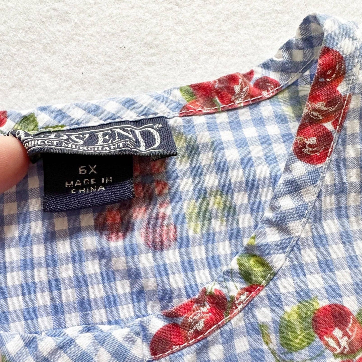 Vintage Lands’ End Cherry Gingham Print Sleeveless Dress: 6X - Yellow Clover Vintage Kids Clothes