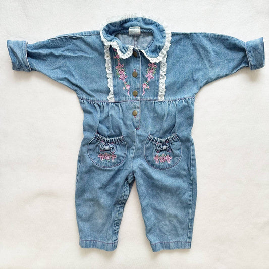 Vintage Popsicle Brand Denim Embroidered Jumpsuit Romper: 18m - Yellow Clover Vintage Kids Clothes