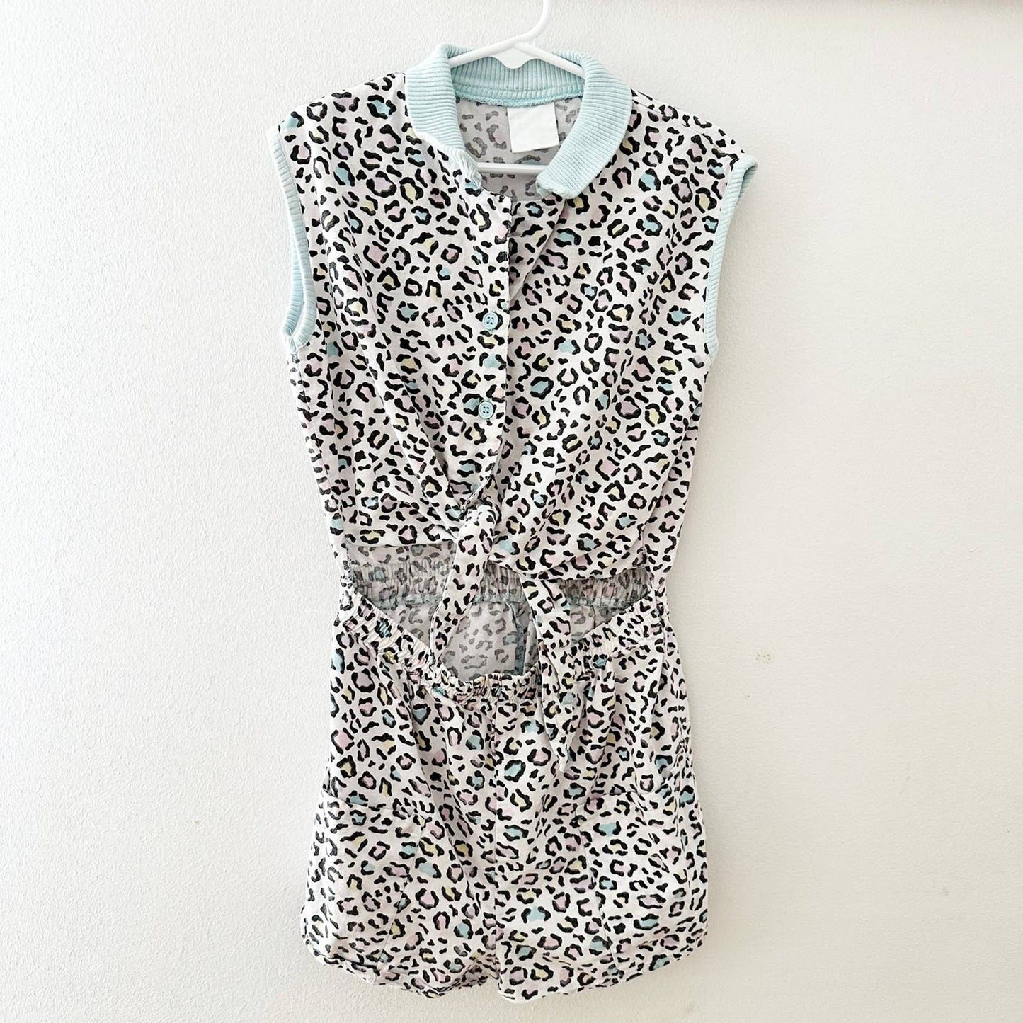 Vintage Leopard Print Pastel Collared Tie Front Romper: 10y - Yellow Clover Vintage Kids Clothes