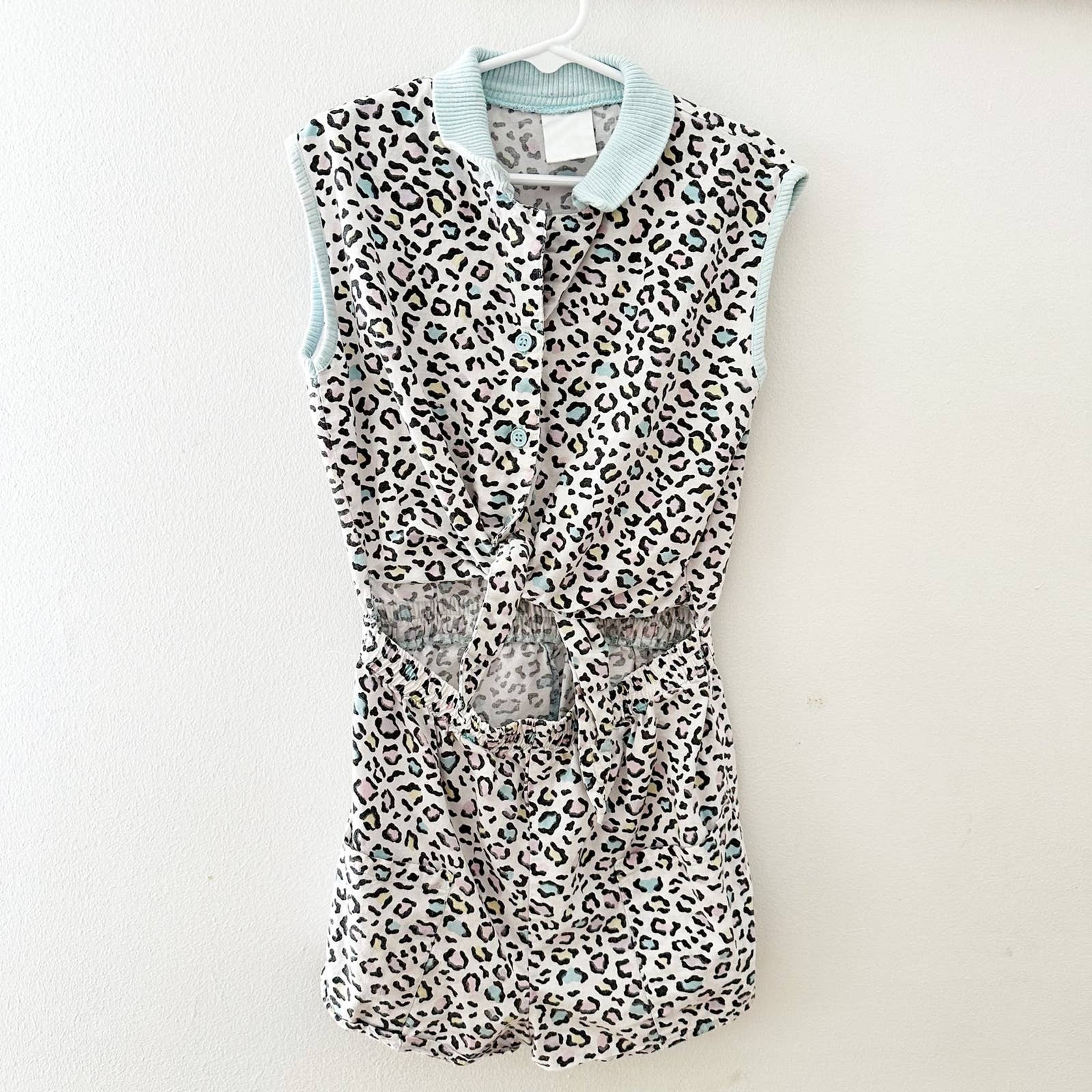 Vintage Leopard Print Pastel Collared Tie Front Romper: 10y - Yellow Clover Vintage Kids Clothes