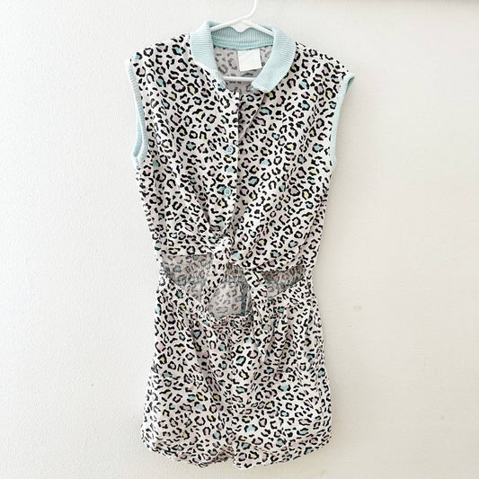 Vintage Leopard Print Pastel Collared Tie Front Romper: 10y - Yellow Clover Vintage Kids Clothes