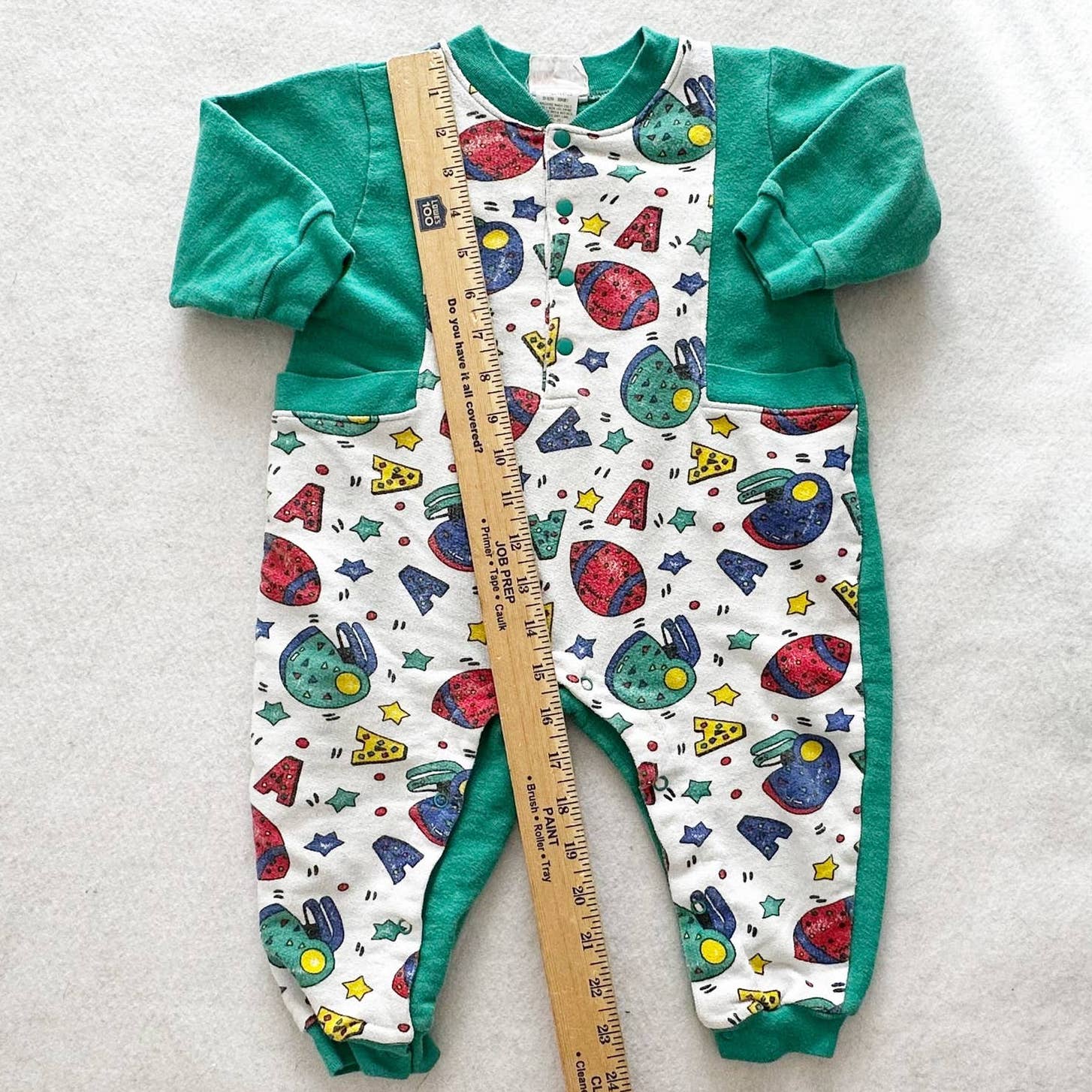 Vintage McKids Football Print Green Sweatshirt Romper: 18m? - Yellow Clover Vintage Kids Clothes