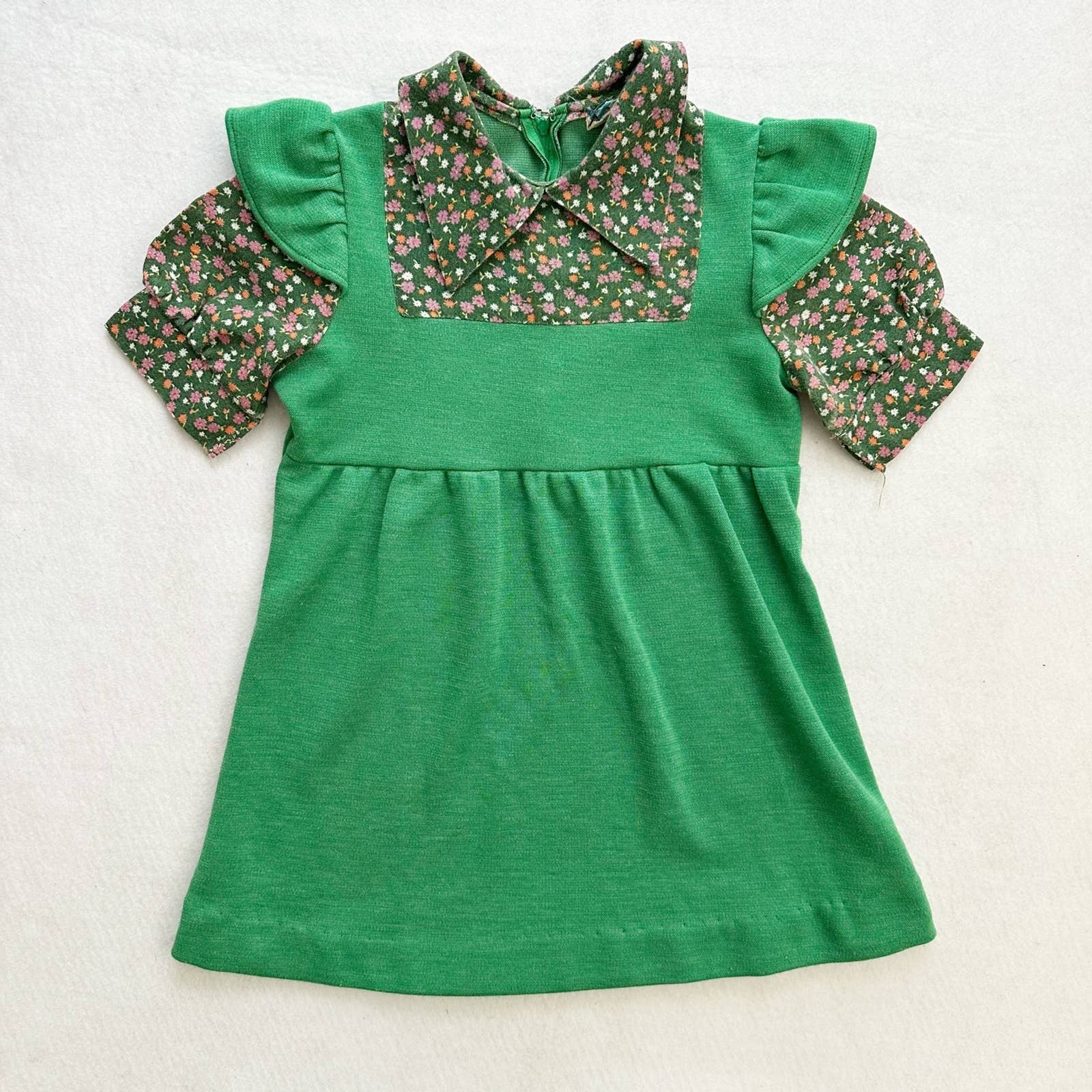 Vintage JC Penney Floral Green Faux Pinafore Dress - Yellow Clover Vintage Kids Clothes