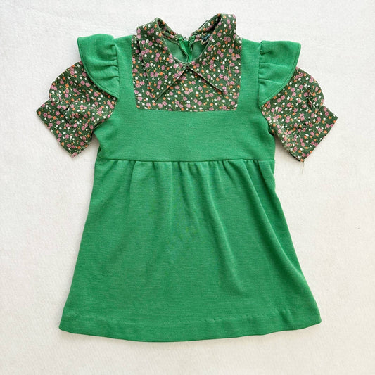 Vintage JC Penney Floral Green Faux Pinafore Dress - Yellow Clover Vintage Kids Clothes