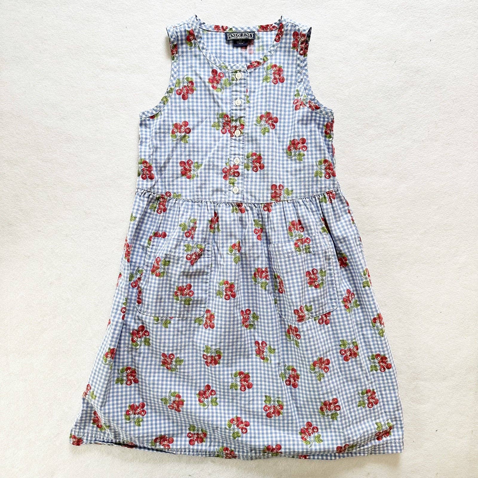 Vintage Lands’ End Cherry Gingham Print Sleeveless Dress: 6X - Yellow Clover Vintage Kids Clothes