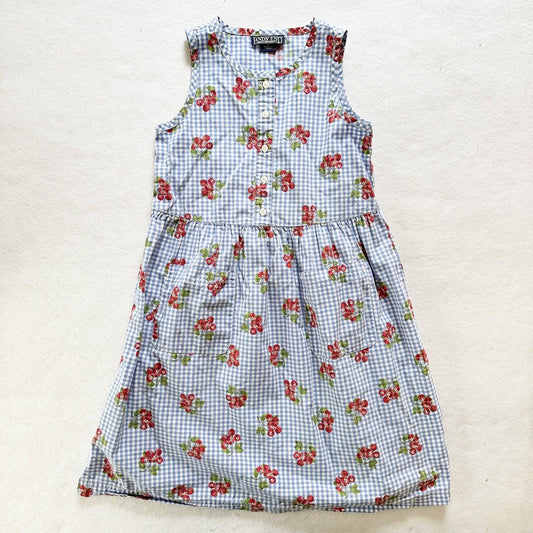 Vintage Lands’ End Cherry Gingham Print Sleeveless Dress: 6X - Yellow Clover Vintage Kids Clothes