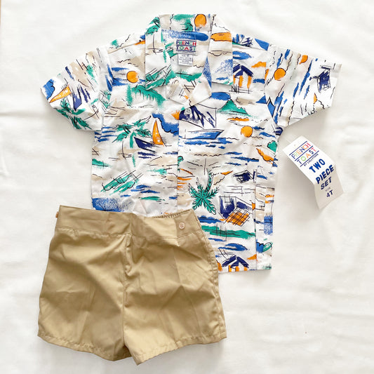 Beach Print Button Up Shorts Set • 4T - Yellow Clover Vintage Kids Clothes