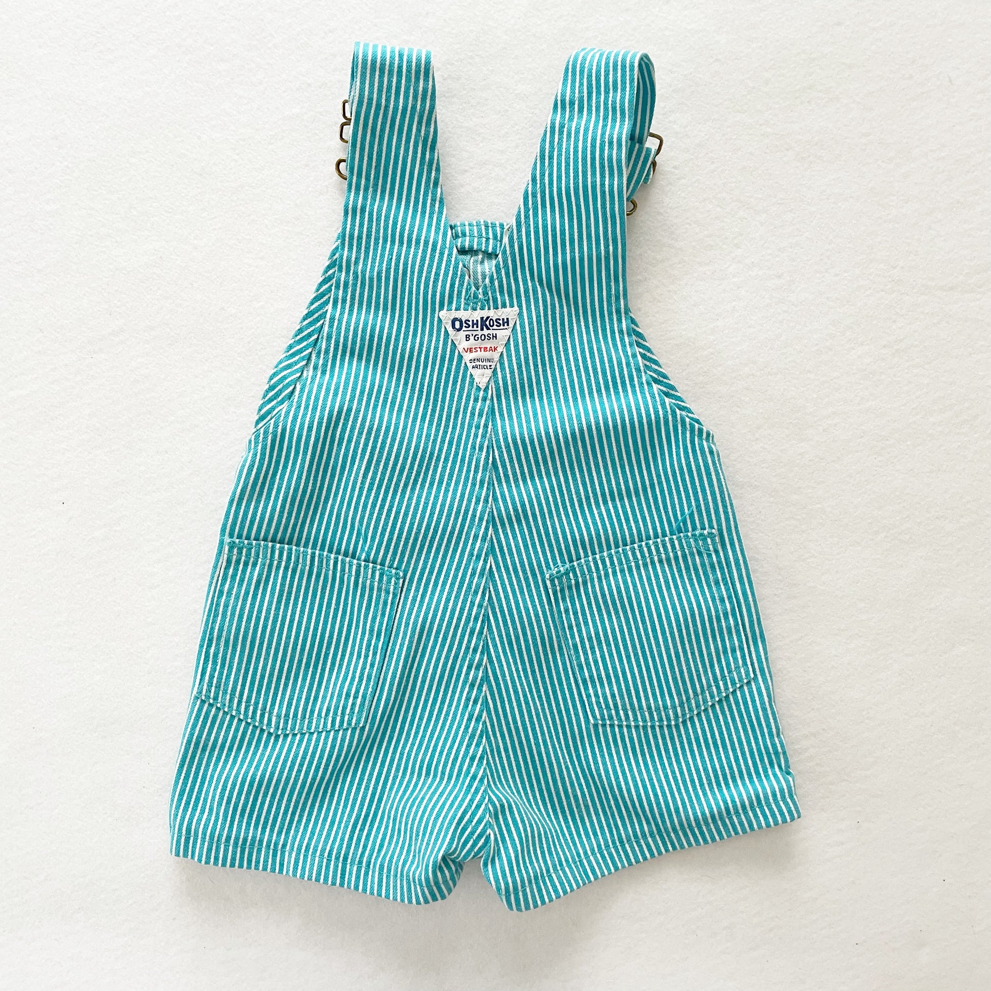OshKosh Turquoise Hickory Stripe Shortalls - Yellow Clover Vintage Kids Clothes